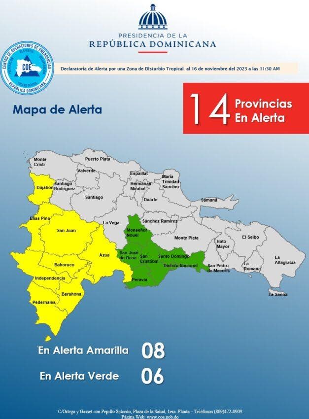 COE emite alertas verde y amarilla para 14 provincias